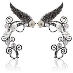 Elf Ear Cuffs Handmade Clip-on Earrings Hollowed Flower Leaf Wing Tassel Filigree Elven Handcraft Fairy Cuff Wrap Earrings for Women Girls Fantasy Halloween Costume, Cosplay, Wedding Jewelry