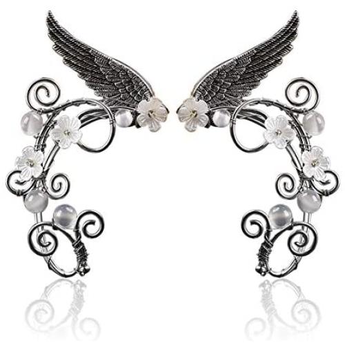 Elf Ear Cuffs Handmade Clip-on Earrings Hollowed Flower Leaf Wing Tassel Filigree Elven Handcraft Fairy Cuff Wrap Earrings for Women Girls Fantasy Halloween Costume, Cosplay, Wedding Jewelry