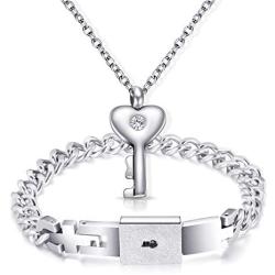 Lock and Key Necklace for Couples Stainless Steel Love Heart Matching Couples Necklaces for Boyfriend and Girlfriend Him Her Set Idea Valentines Day Present with Box