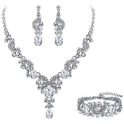 EVER FAITH Rhinestone Crystal Bridal Art Deco Floral Wave Teardrop Necklace Earrings Bracelet Jewelry Set