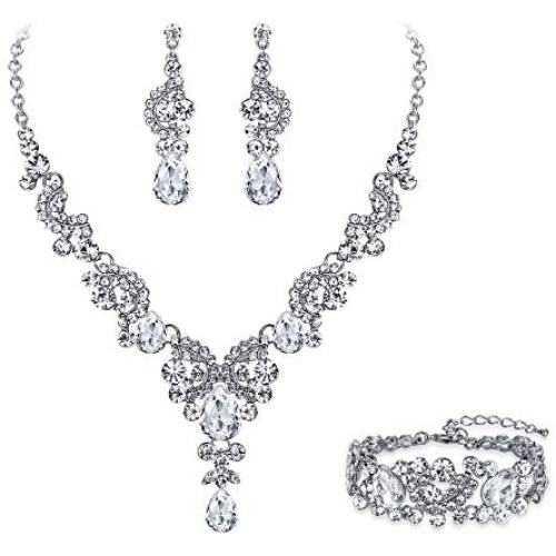EVER FAITH Rhinestone Crystal Bridal Art Deco Floral Wave Teardrop Necklace Earrings Bracelet Jewelry Set