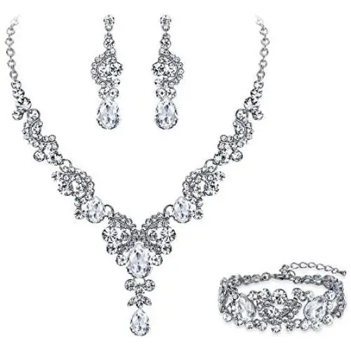 EVER FAITH Rhinestone Crystal Bridal Art Deco Floral Wave Teardrop Necklace Earrings Bracelet Jewelry Set