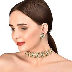 Touchstone Indian Bollywood Gorgeous Intricate Workmanship Mughal White Colorful Rhinestone Crystal Wedding Designer Jewelry Choker Necklace Set in Gold and Silver Tone for Women.