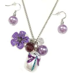 Linpeng Dragonfly Beads Necklace Earrings Jewelry Set, Violet