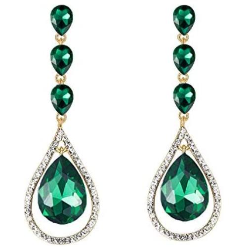 Scarlvambo Wedding Dangle Earrings Chandelier Womens Austrian Crystal Pierced Gold-Tone Emerald Color