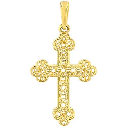 14k Yellow Gold Textured Filigree Eastern Orthodox Cross Pendant (Medium)