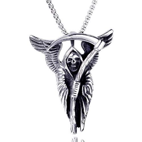 Skull Necklace for Men, Gothic Grim Reaper Sickles Skull Pendant Necklace with 23.6” Chain, Wings Skull Necklace, Retro Skull Head Totem Amulet Necklace, Punk Skull Jewelry Gift for Men Boys