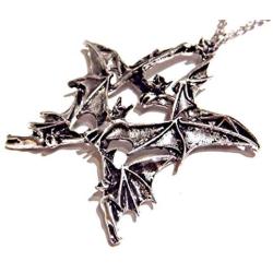 Gothic Silvertone Flock of Bats Pentagram Pendant on Chain Necklace Halloween Punk Vampire