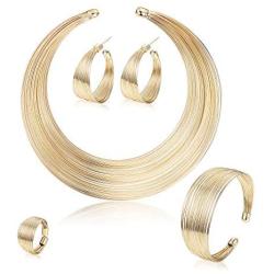 ORAZIO Bib Choker Statement Necklaces for Women Cuff Bracelet Open Hoop Stud Earrings Ring African Chunky Costume Jewelry Set