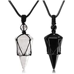 Stone Couple Necklaces Obsidian Clear Crystal Stone Matching Couples Love Heart Pendant Necklace Natural Quartz Healing Crystals Necklace Wolf Tooth Peace Buckle for Lover Protection Meditation