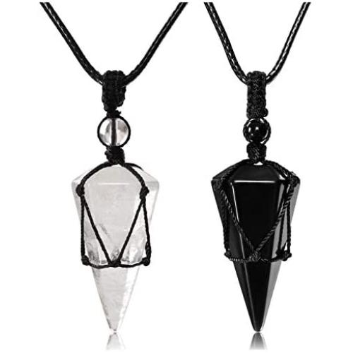 Stone Couple Necklaces Obsidian Clear Crystal Stone Matching Couples Love Heart Pendant Necklace Natural Quartz Healing Crystals Necklace Wolf Tooth Peace Buckle for Lover Protection Meditation