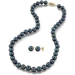 THE PEARL SOURCE 14K Gold 6.5-7mm Round Black Akoya Cultured Pearl Necklace & Earrings Set in 17'' Princess Length for Women