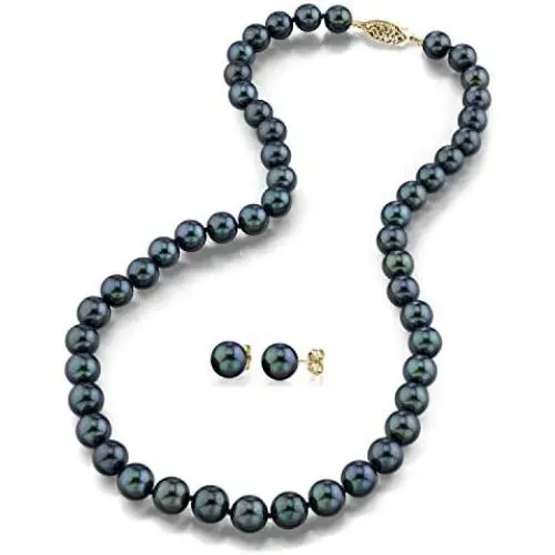 THE PEARL SOURCE 14K Gold 6.5-7mm Round Black Akoya Cultured Pearl Necklace & Earrings Set in 17'' Princess Length for Women THE PEARL SOURCE 14K Gold 6.5-7mm Round Black Akoya Cultured Pearl Necklace & Earrings Set in 17'' Princess Length for Women