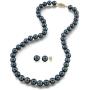 THE PEARL SOURCE 14K Gold 6.5-7mm Round Black Akoya Cultured Pearl Necklace & Earrings Set in 17'' Princess Length for Women