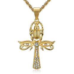 Lee Island Fashion 24K Gold Plated CZ Eye of Horus and Scarab Egyptian Protection Ankh Cross Pendant Stainless Steel Necklace, 24 Inch Chain Jewelry