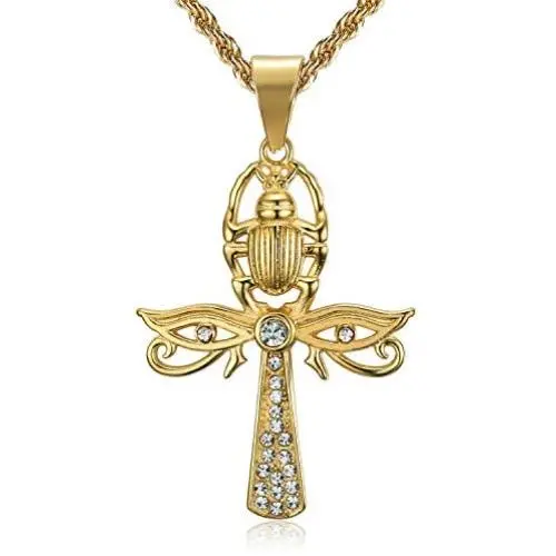 Lee Island Fashion 24K Gold Plated CZ Eye of Horus and Scarab Egyptian Protection Ankh Cross Pendant Stainless Steel Necklace, 24 Inch Chain Jewelry