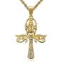 Lee Island Fashion 24K Gold Plated CZ Eye of Horus and Scarab Egyptian Protection Ankh Cross Pendant Stainless Steel Necklace, 24 Inch Chain Jewelry