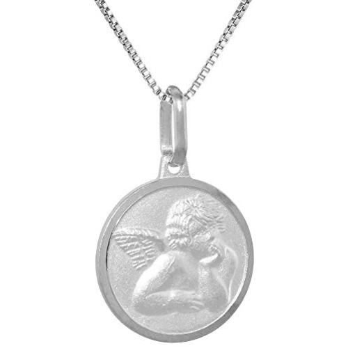 Small Sterling Silver Guardian Angel Medal Necklace 5/8 inch Round Italy, 16-30 inch 0.8mm_Box_Chain