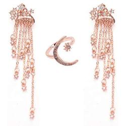 Rose Gold Star Dangle Drop Earrings + Moon Adjustable Opening Ring Jewelry for Women and Girls Simple Lucky Star Tassel Long Chain Earrings