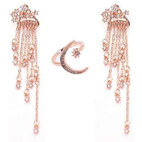 Rose Gold Star Dangle Drop Earrings + Moon Adjustable Opening Ring Jewelry for Women and Girls Simple Lucky Star Tassel Long Chain Earrings