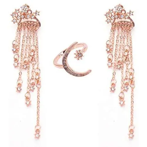 Rose Gold Star Dangle Drop Earrings + Moon Adjustable Opening Ring Jewelry for Women and Girls Simple Lucky Star Tassel Long Chain Earrings Rose Gold Star Dangle Drop Earrings + Moon Adjustable Opening Ring Jewelry for Women and Girls Simple Lucky Star Tassel Long Chain Earrings