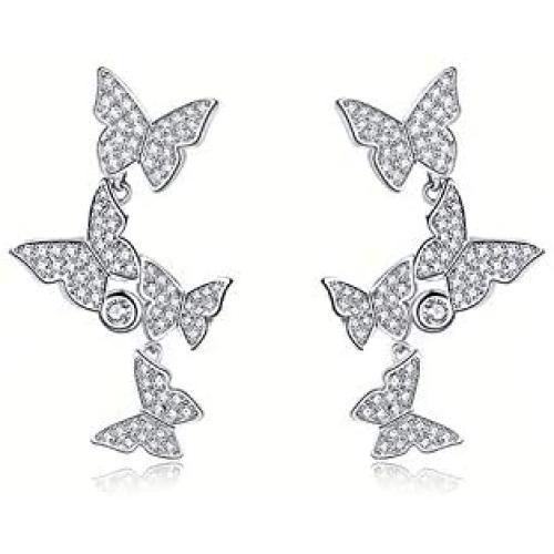 AOBOCO Dancing Butterflies Earrings Sterling Silver Earrings Embellished with Crystal from Austria, Hypoallergenic Dangle Drop Earrings, Fine Jewelry Gifts for Women