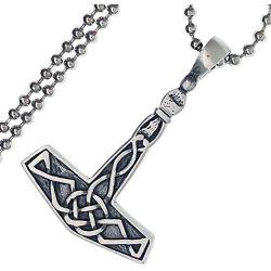 Celtic Knot Asatru Jewelry Mjolnir Norse Viking Thunder Asgard God Thors Hammer Protection Amulet Wealth Luck Money Lucky Charm Safe Travel Talisman Pewter Mens Pendant Necklace w Silver Ball Chain