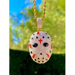 Shop-iGold Custom Gang MASK Men Women 925 Italy Gold Finish Iced Silver Charm Ice Out Pendant Stainless Steel Real 3 mm Rope Chain, Mans Jewelry, Iced Pendant, Rope Necklace 16''- 24''
