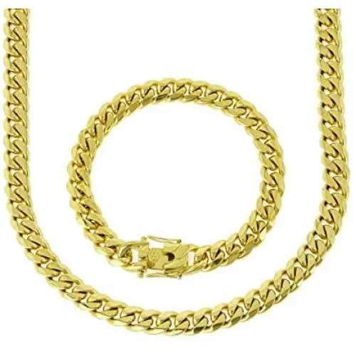 Bling Bling NY Solid 14k Yellow Gold Finish Stainless Steel 10mm Thick Miami Cuban Link Chain Box Clasp Lock Bling Bling NY Solid 14k Yellow Gold Finish Stainless Steel 10mm Thick Miami Cuban Link Chain Box Clasp Lock
