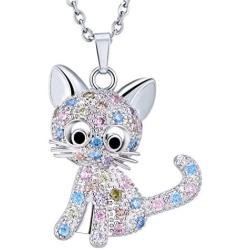 SXNK7 Cat Necklace Silver Tone Sparkly Rainbow Crystal Cat Necklace Cat Pendant Necklace Jewelry for Women Teen Girls Kids Cat Lover Gifts (color new2)