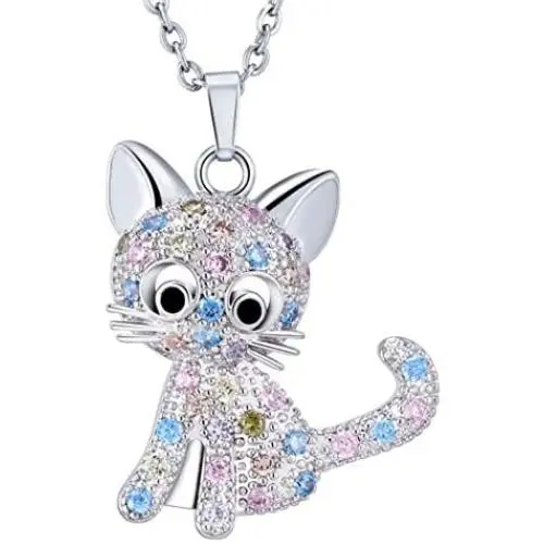 SXNK7 Cat Necklace Silver Tone Sparkly Rainbow Crystal Cat Necklace Cat Pendant Necklace Jewelry for Women Teen Girls Kids Cat Lover Gifts (color new2)