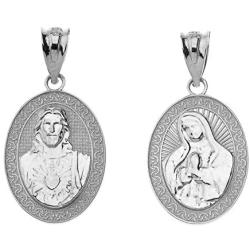 925 Sterling Silver Sacred Heart Of Jesus, Immaculate Heart of Mary Medal Reversible Pendant Necklace