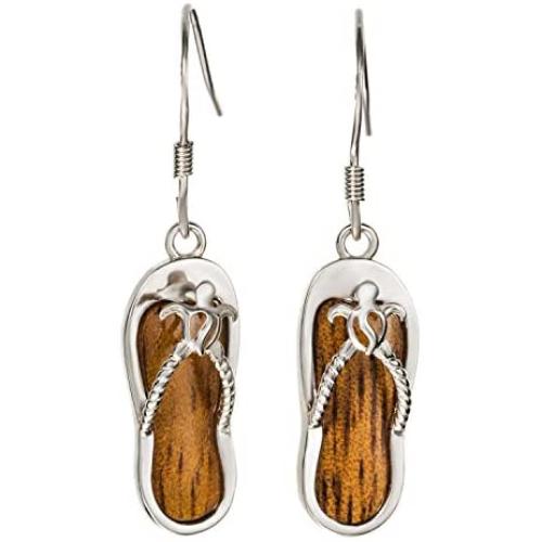 Sterling Silver Koa Wood Turtle Flip Flop Slipper Dangle Hook Earrings