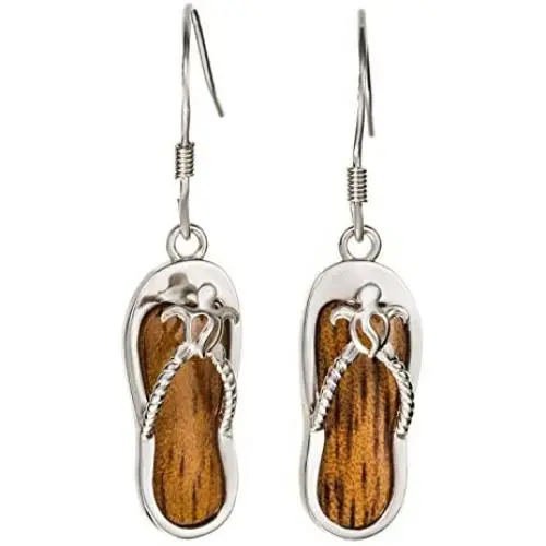 Sterling Silver Koa Wood Turtle Flip Flop Slipper Dangle Hook Earrings Sterling Silver Koa Wood Turtle Flip Flop Slipper Dangle Hook Earrings