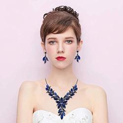 BriLove Womens Wedding Bridal Crystal Marquise-Shape Leaf Flower Enamel Statement Necklace Dangle Earrings Set