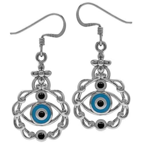 Silvershake Black Cubic Zirconia and Blue Enamel 925 Sterling Silver Evil Eye Dangle Hook Earrings