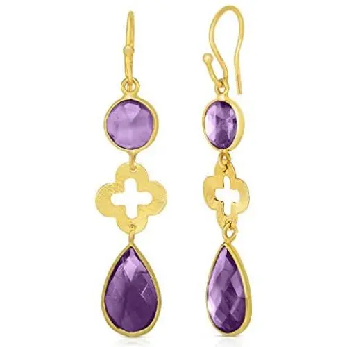 Femme Luxe Danielle Drop Earrings For Women - 14k Gold Dipped 925 Sterling Silver and Natural Amethyst Gemstone Earrings | Hypoallergenic | Handmade Design Femme Luxe Danielle Drop Earrings For Women - 14k Gold Dipped 925 Sterling Silver and Natural Amethyst Gemstone Earrings | Hypoallergenic | Handmade Design