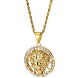 COOLSTEELANDBEYOND Mens Womens Steel Gold Lion Head Open Circle Pendant Necklace with Cubic Zirconia, 30 in Rope Chain