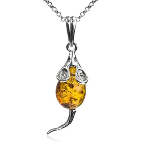 Amber Sterling Silver Mouse Pendant Necklace Chain 18''