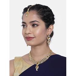 Aheli Wedding Wear Indian Kundan Maang Tikka Earrings Necklace Set Bollywood Ethnic Traditional Jewelry for Women