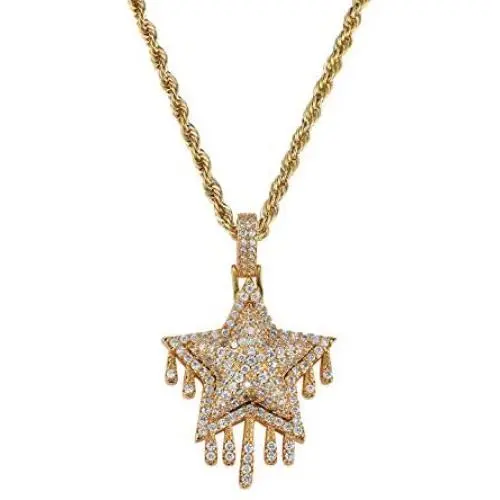 Moca Jewelry Iced Out Water Drop Pentagram Pendant 18K Gold Plated Bling CZ Simulated Diamond Hip Hop Necklace for Men Women