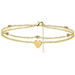 HUASAI Initial Anklet Bracelets for Women Dainty Layered Beads Heart Letter Gold Ankle Bracelets for Teen Girls Foot Ankle Jewelry