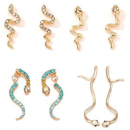 3 Pairs Snake Earrings Set Animal Snake Stud Dangle Earrings Serpent Wave Gold Silver Crystal Drop Earrings Vintage Cobra Huggie Hoop Earrings for Women Girls Punk Gothic Ear Jewelry