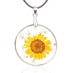 Jeni-Sely Handmade Real Dry Pressed Sunflower Round Resin Leather Necklace
