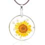 Jeni-Sely Handmade Real Dry Pressed Sunflower Round Resin Leather Necklace