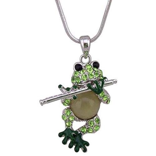 Lola Bella Gifts Crystal Frog Playing a Flute Pendant Necklace with Gift Box