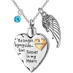 TGLS Memorial Jewelry Grandma Cremation Ashes Heart Urn Necklaces Angel Wing Charm Jan-Dec Brithstone Pendant with Fill Kit - Nolonger by Myside But Forever in My Heart