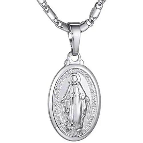 GoldChic Jewelry Miraculous Medal Oval Pendant Necklace- Available in 3 Color Gold/Black/Silver for Men Women(adjusts to 18 or 22 inch)--with Gift Box