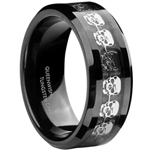 Queenwish 8mm Black Tungsten Carbide Skull Rings Men Women Fashion Wedding Band Unique Bridal Jewelry Size 6-13