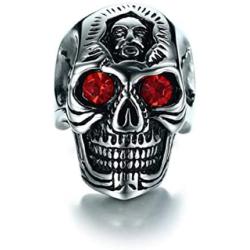 Demon Skull Head Ring for Men, Ruby Eye Skull Ring, Vampire Skull Ring, Gothic Red Eye Skull Ring Cocktail Party Ring, Cool Devil Ring Halloween Biker, Vintage Punk Skull Jewelry Gift for Boys